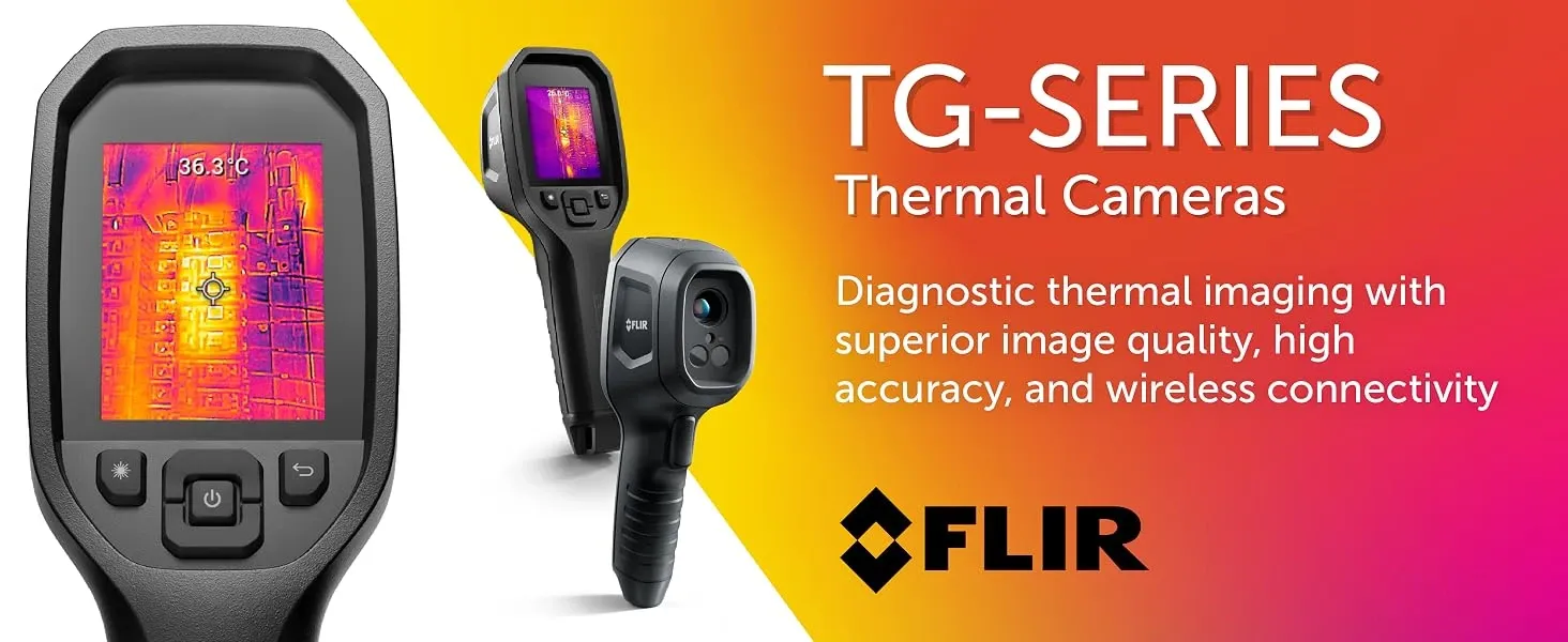 FLIR TG-Series thermal imaging camera shown with thermal display and product branding on a bright gradient promotional background.